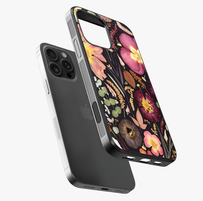 Petal Dream Tapestry Glass Case laid diagonally highlighting side profile, edges and glossy glass shine.