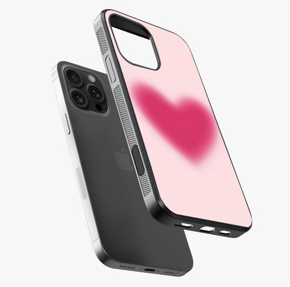 Pink Aura Heart Glass Case laid diagonally highlighting side profile, edges and glossy glass shine.