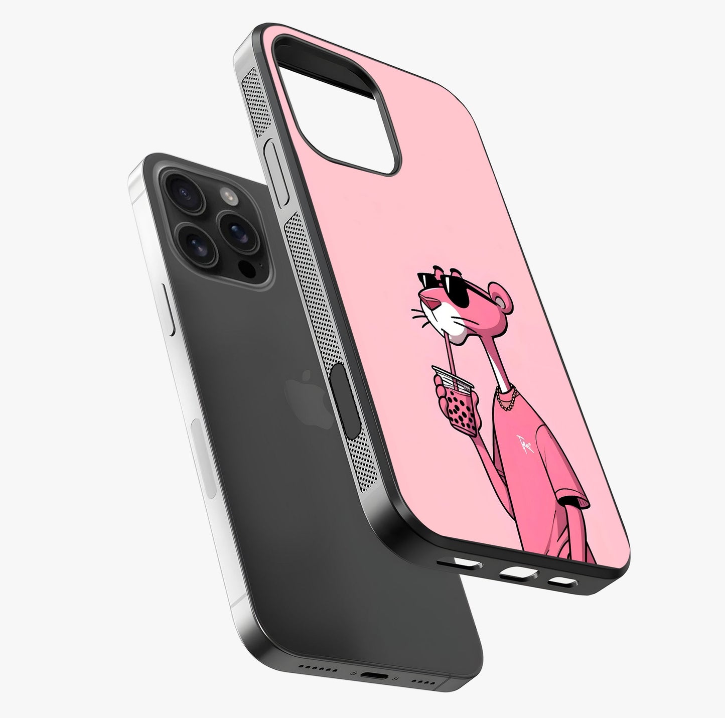 Pink Panther Glass Case laid diagonally highlighting side profile, edges and glossy glass shine.
