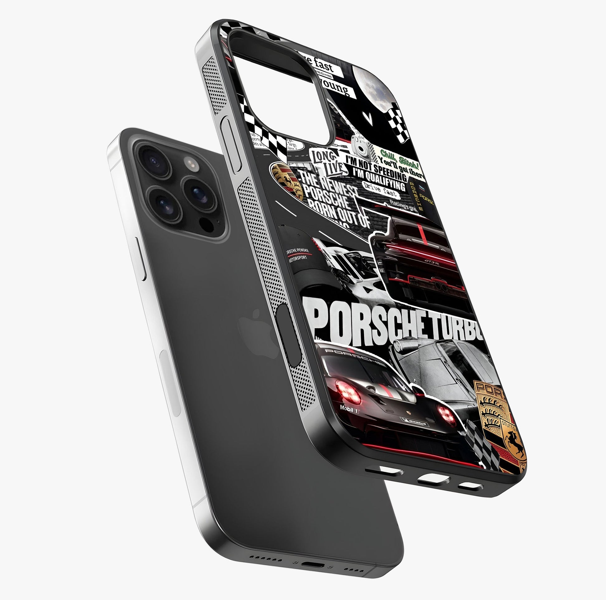 Porsche Racing Collage Glass Case laid diagonally highlighting side profile, edges and glossy glass shine.