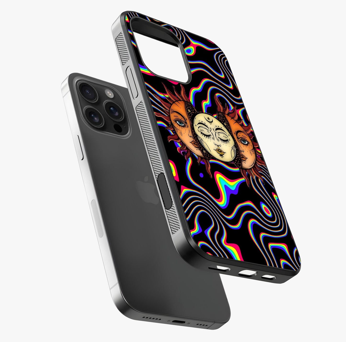 Psychedelic Sun Glass Case laid diagonally highlighting side profile, edges and glossy glass shine.