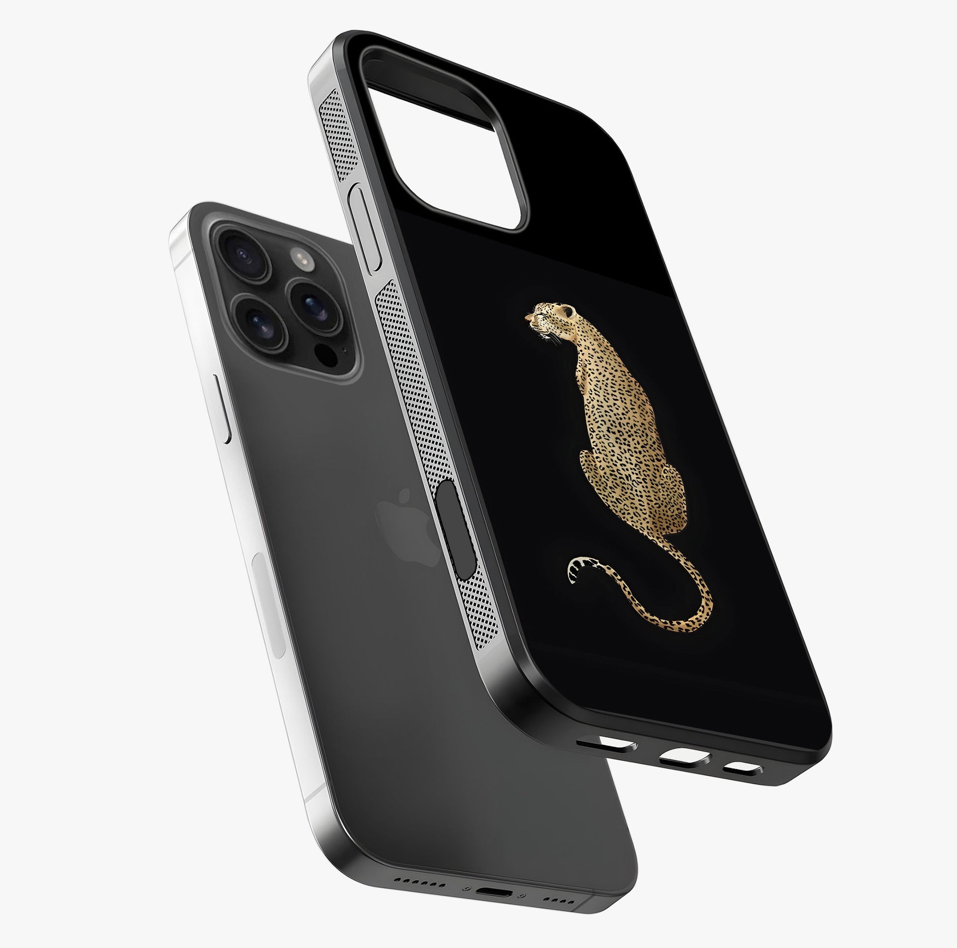 Regal Leopard Glass Case laid diagonally highlighting side profile, edges and glossy glass shine.