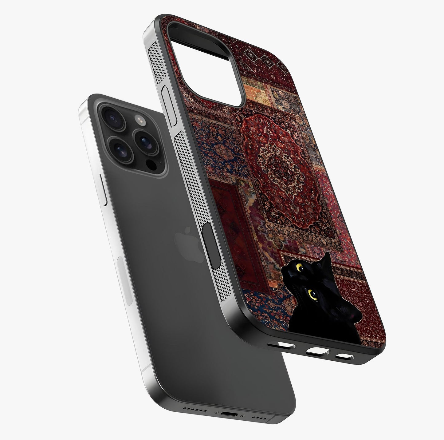 Regal Magic Cat Apple Glass Case laid diagonally highlighting side profile, edges and glossy glass shine.