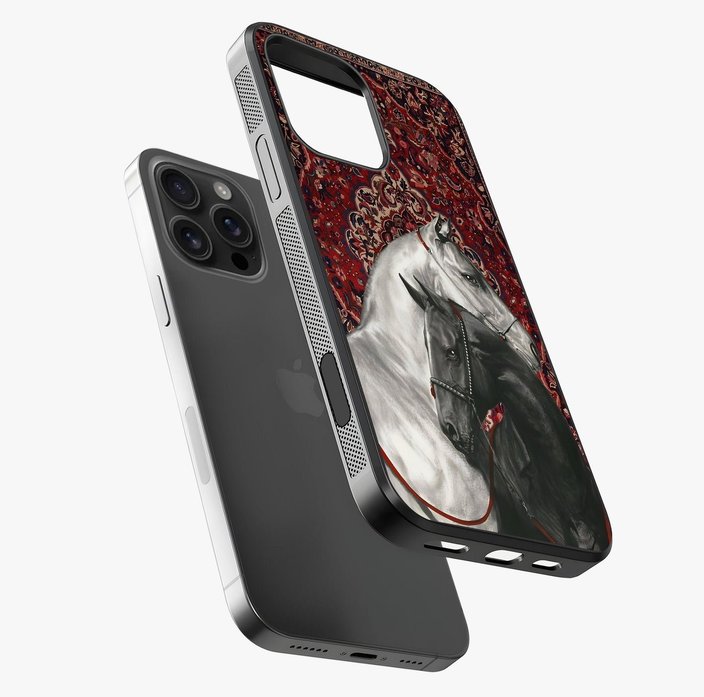 Regal Stallion Tapestry Glass Case laid diagonally highlighting side profile, edges and glossy glass shine.