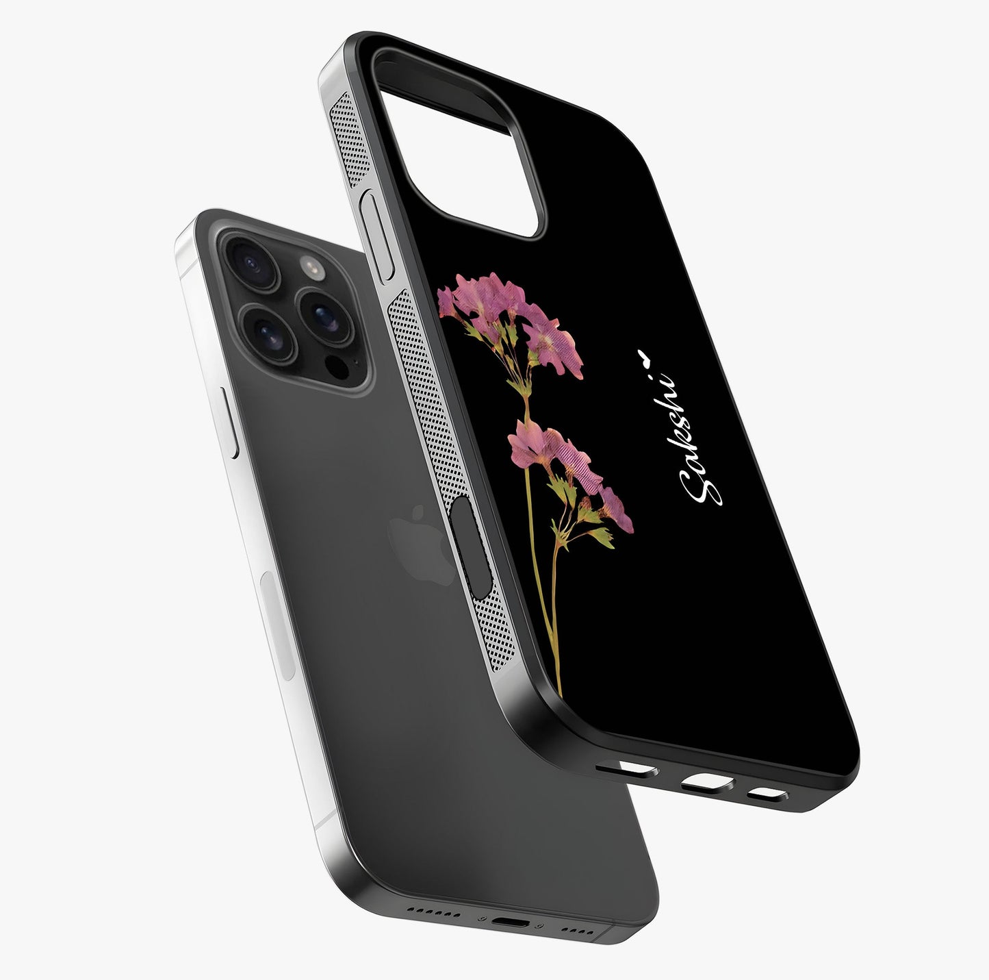 Riching Lavender Flower Custom Name Glass Case laid diagonally highlighting side profile, edges and glossy glass shine.