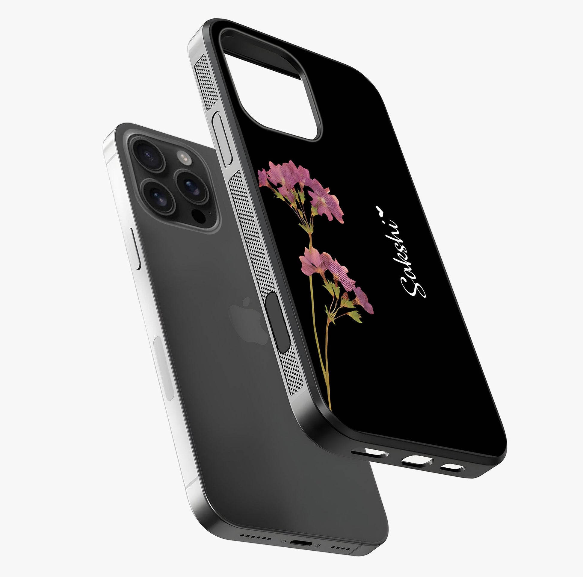 Riching Lavender Flower Custom Name Glass Case laid diagonally highlighting side profile, edges and glossy glass shine.
