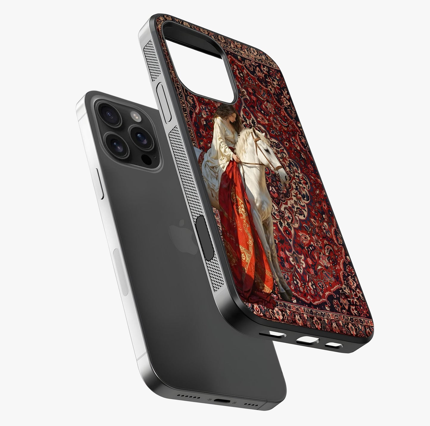 Royal Rider Tapestry Glass Case laid diagonally highlighting side profile, edges and glossy glass shine.