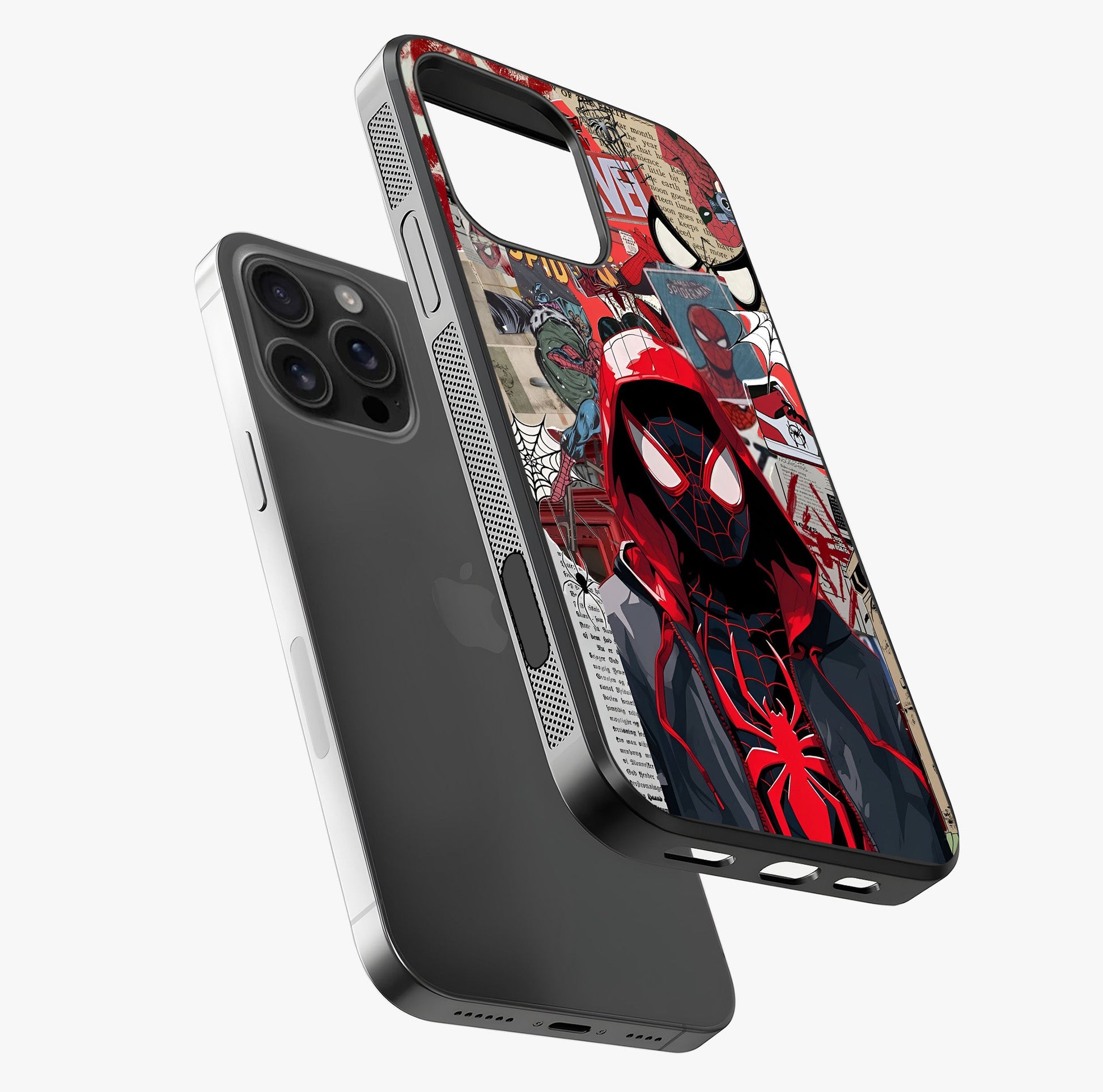 Spider Collage Street Glass Case laid diagonally highlighting side profile, edges and glossy glass shine.