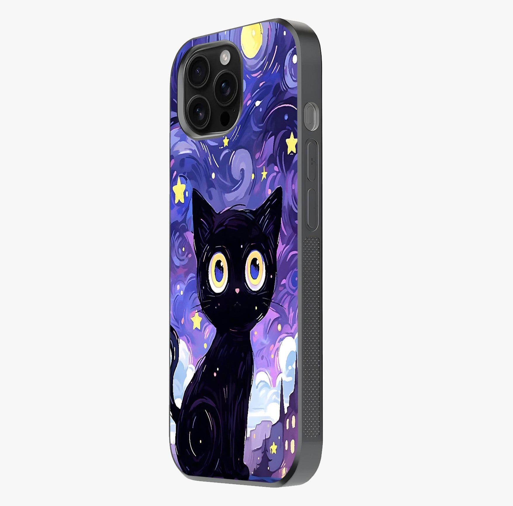 Abstract Cat Art Glass Case photographed in natural light showing reflective finish and design depth.