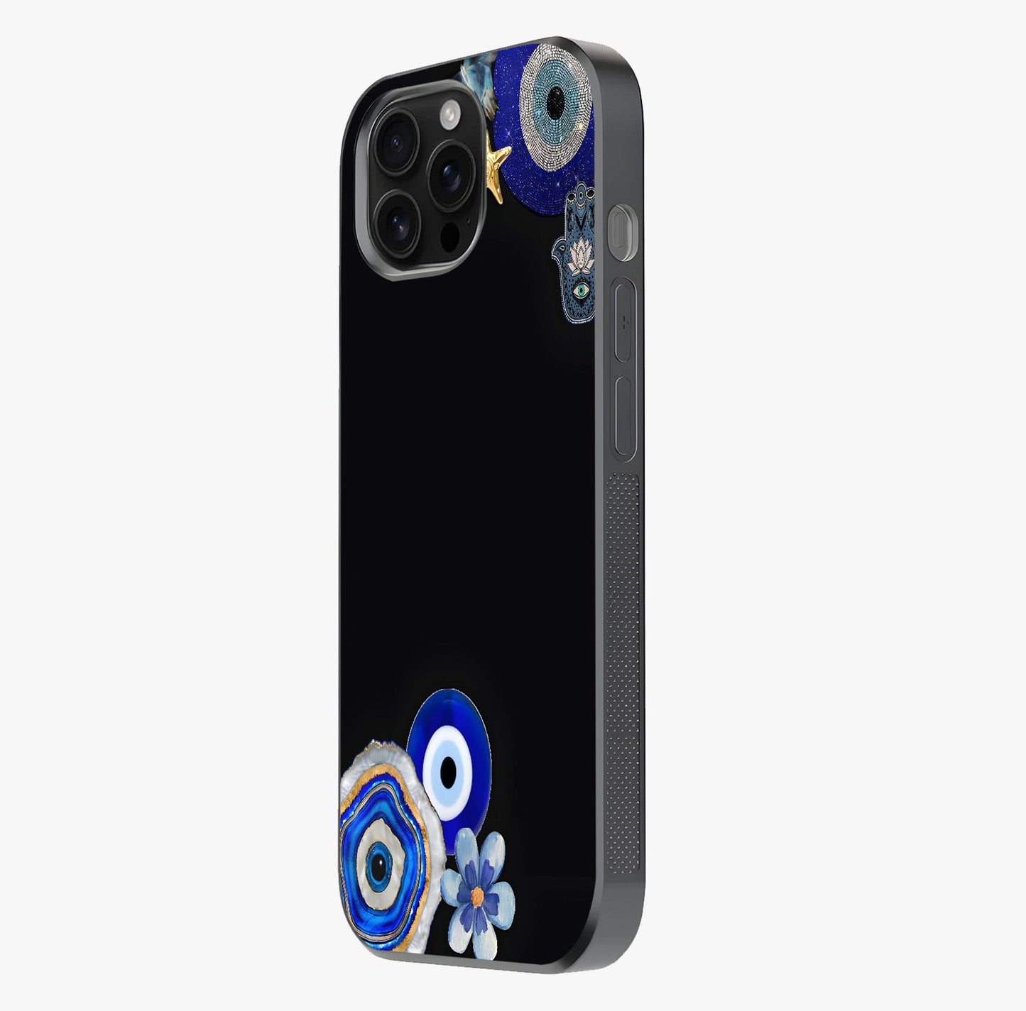 Aesthetic Blue Evil Eye Glass Case photographed in natural light showing reflective finish and design depth.