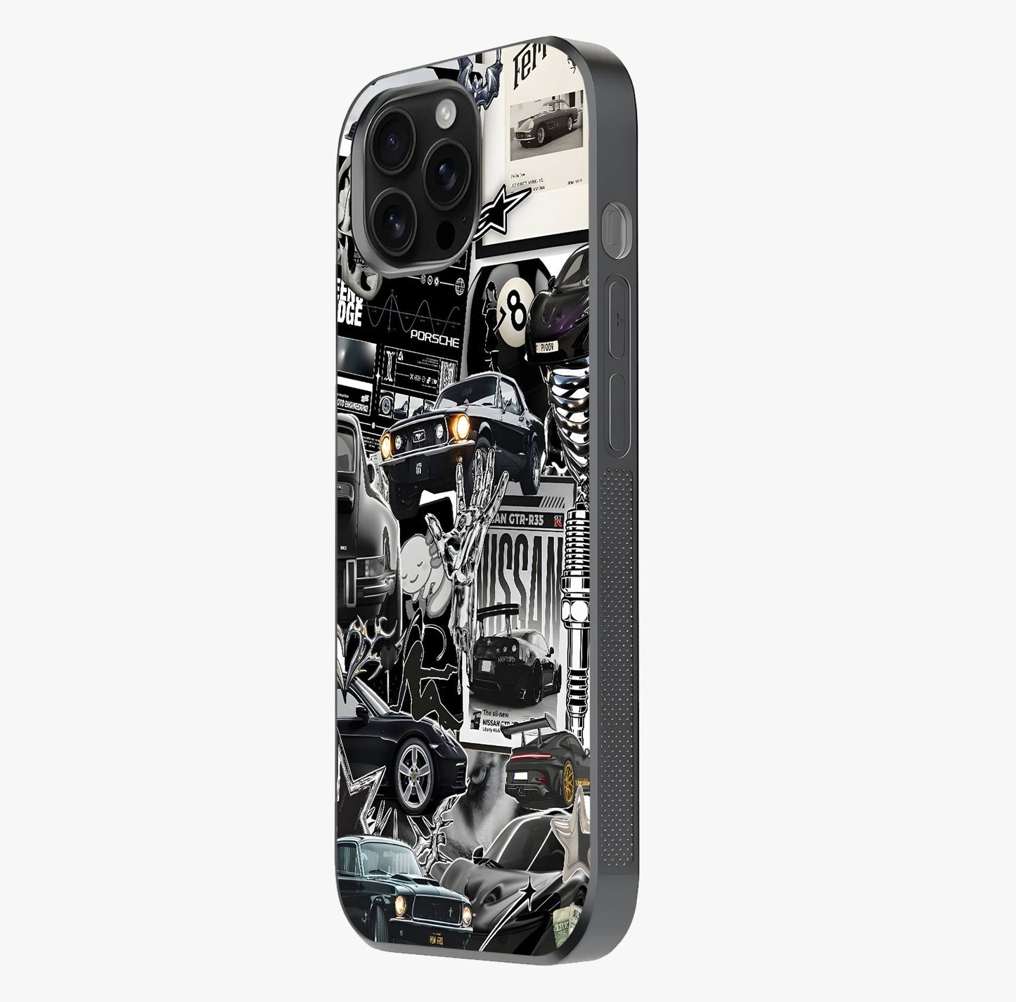 Aesthetic Dark Love Glass Case photographed in natural light showing reflective finish and design depth.