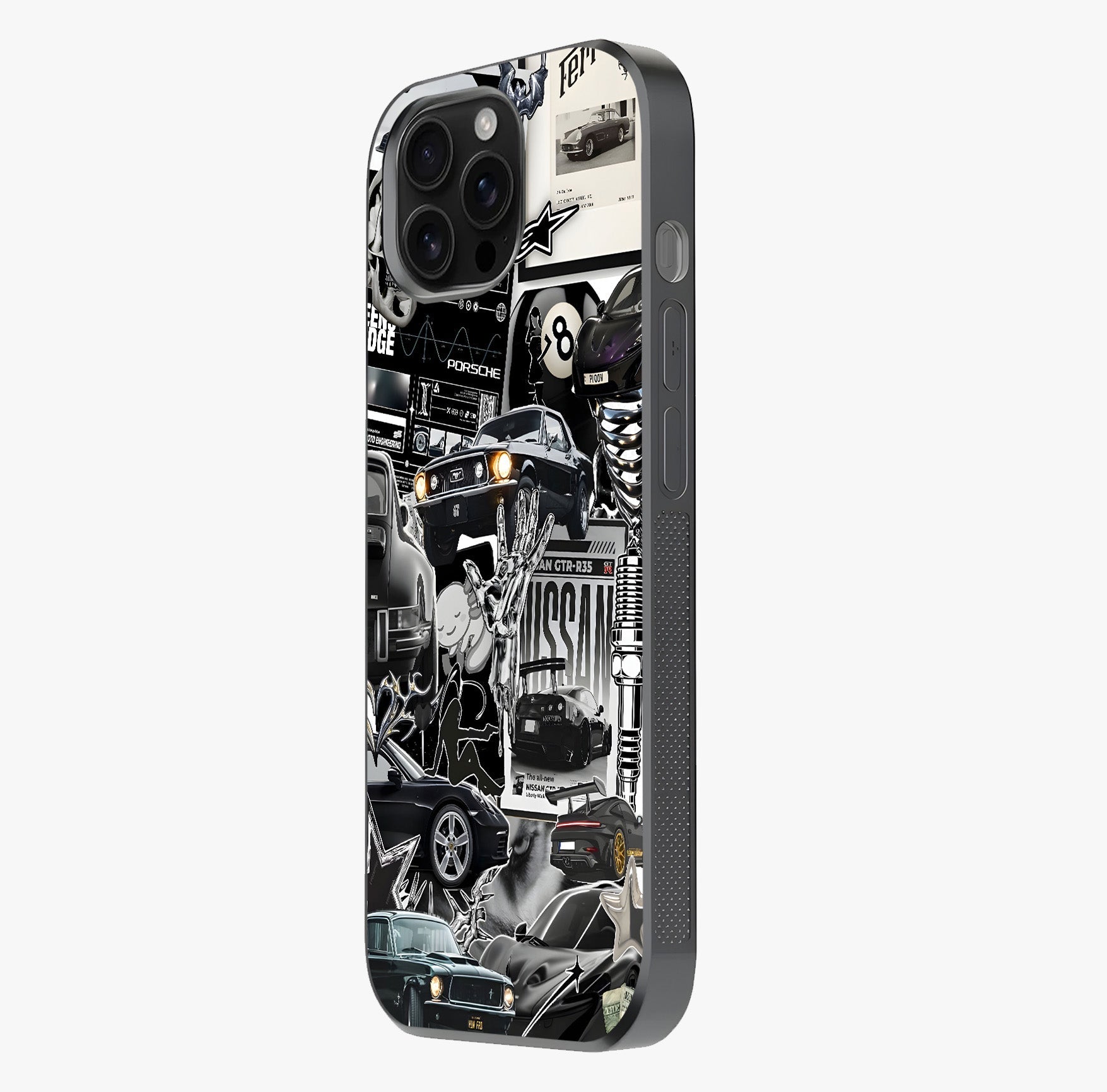 Aesthetic Dark Love Glass Case photographed in natural light showing reflective finish and design depth.