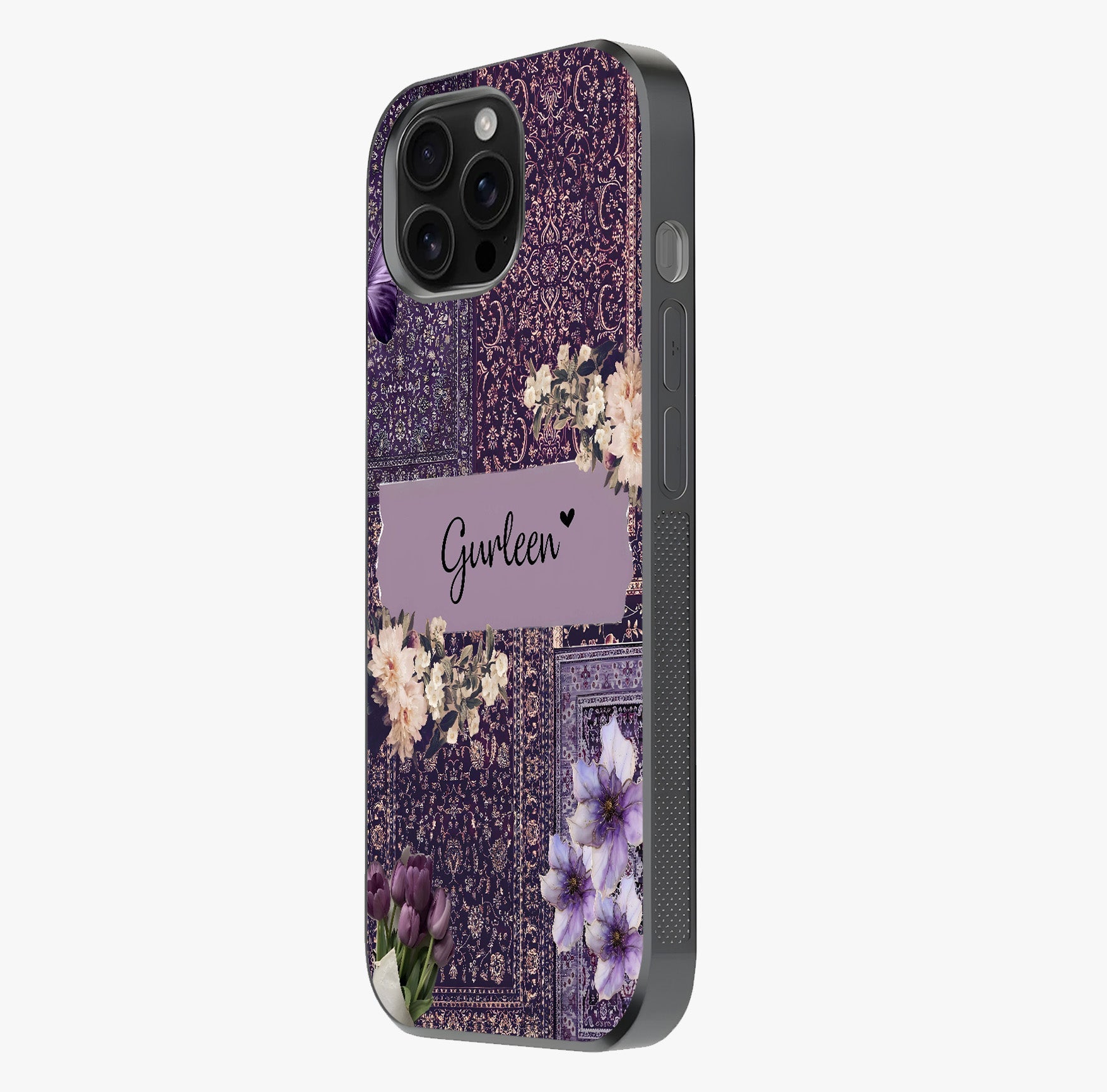 Antique Floral Whisper Custom Name Glass Case photographed in natural light showing reflective finish and design depth.