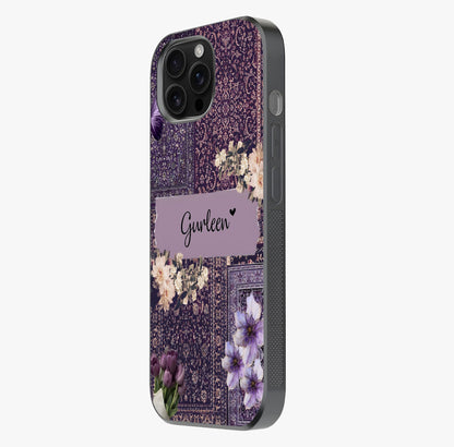 Antique Floral Whisper Custom Name Glass Case photographed in natural light showing reflective finish and design depth.
