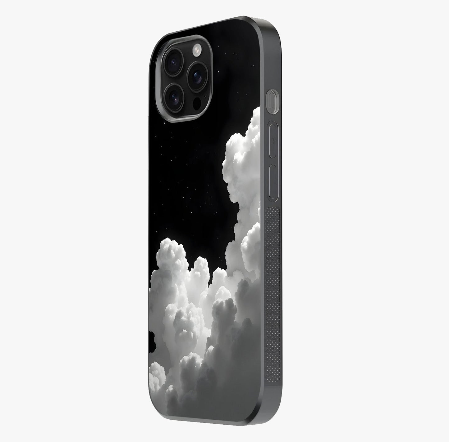 Black Background With White Cloud Glass Case photographed in natural light showing reflective finish and design depth.