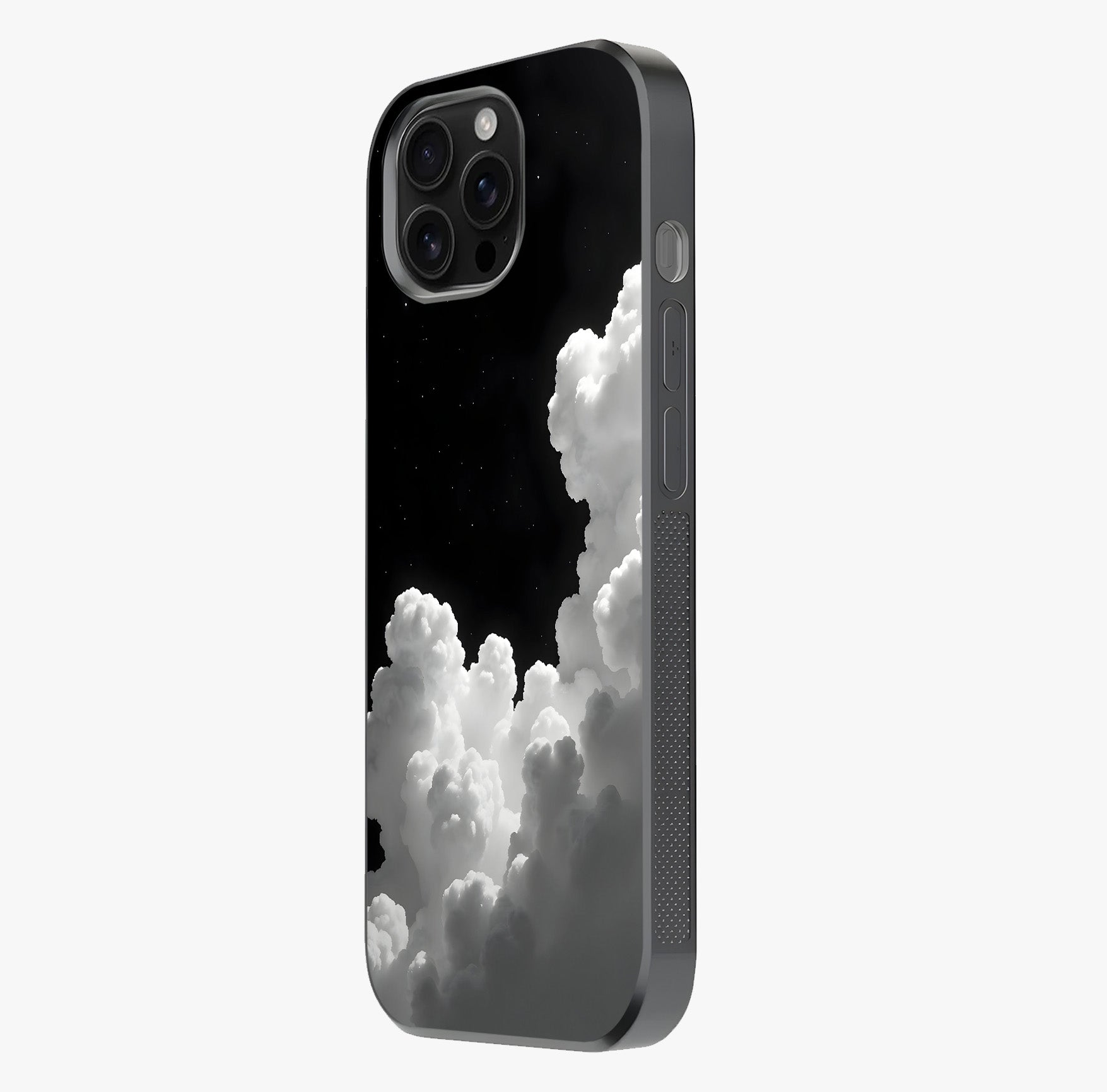 Black Background With White Cloud Glass Case photographed in natural light showing reflective finish and design depth.