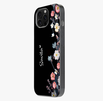 Black Elegance Floral Custom Name Glass Case photographed in natural light showing reflective finish and design depth.
