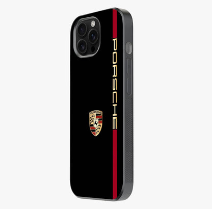 Black Minimal Porsche Glass Case photographed in natural light showing reflective finish and design depth.