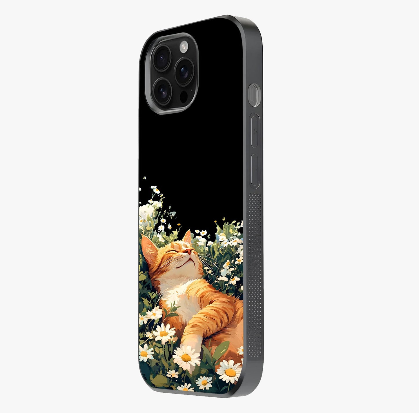 Blissful Bloom Cat Glass Case photographed in natural light showing reflective finish and design depth.