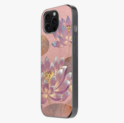 Blossom Mist Lotus Glass Case photographed in natural light showing reflective finish and design depth.