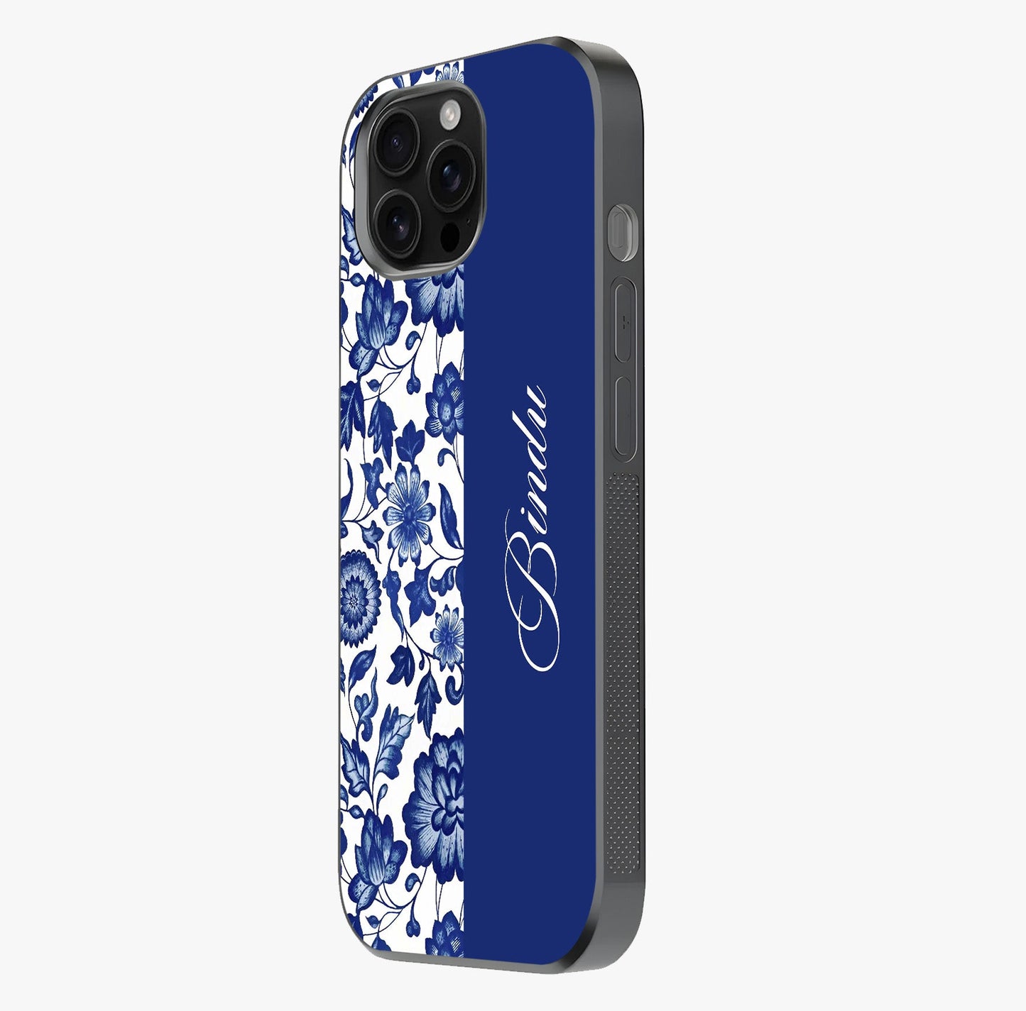 Blue Vintage Floral Pattern Glass Case photographed in natural light showing reflective finish and design depth.
