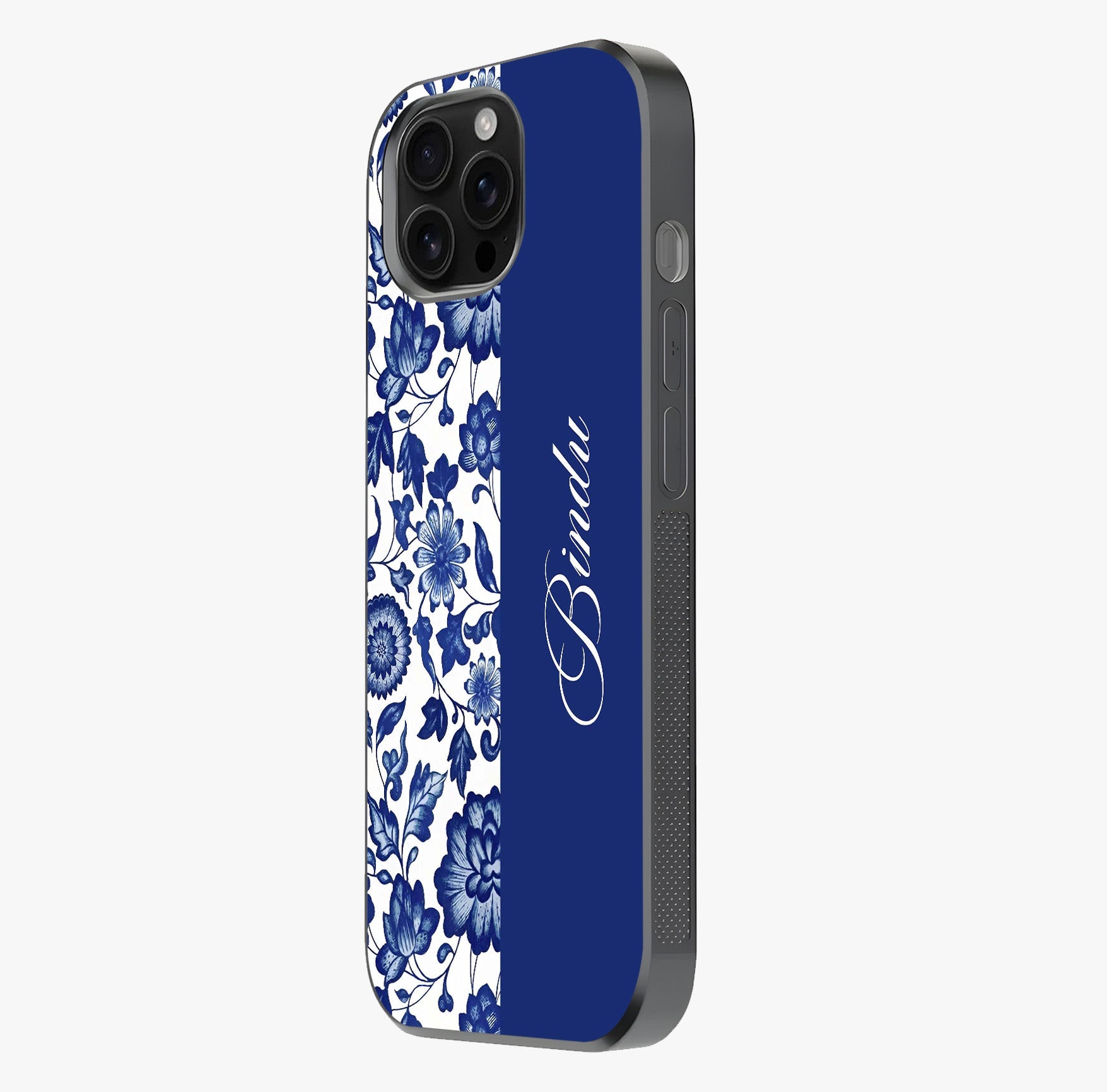 Blue Vintage Floral Pattern Glass Case photographed in natural light showing reflective finish and design depth.