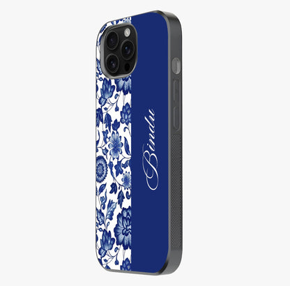 Blue Vintage Floral Pattern Glass Case photographed in natural light showing reflective finish and design depth.