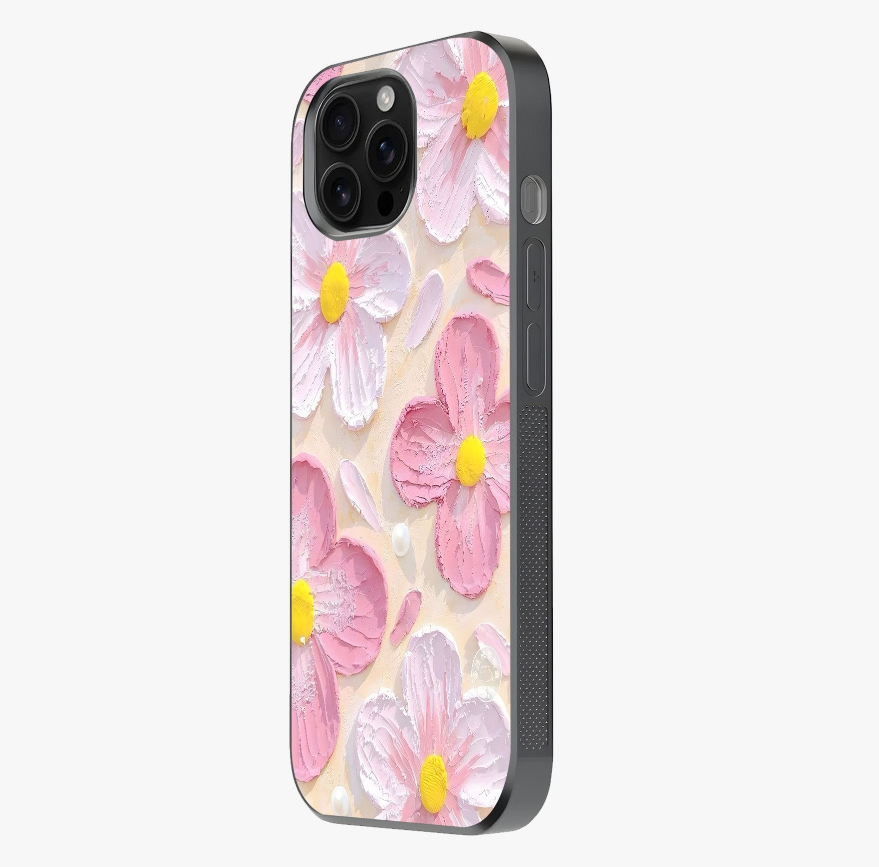 Blush Bloom Texture Glass Case photographed in natural light showing reflective finish and design depth.
