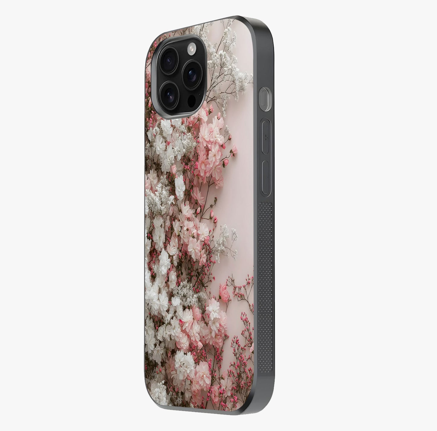 Blush Blossom Cloud Glass Case photographed in natural light showing reflective finish and design depth.
