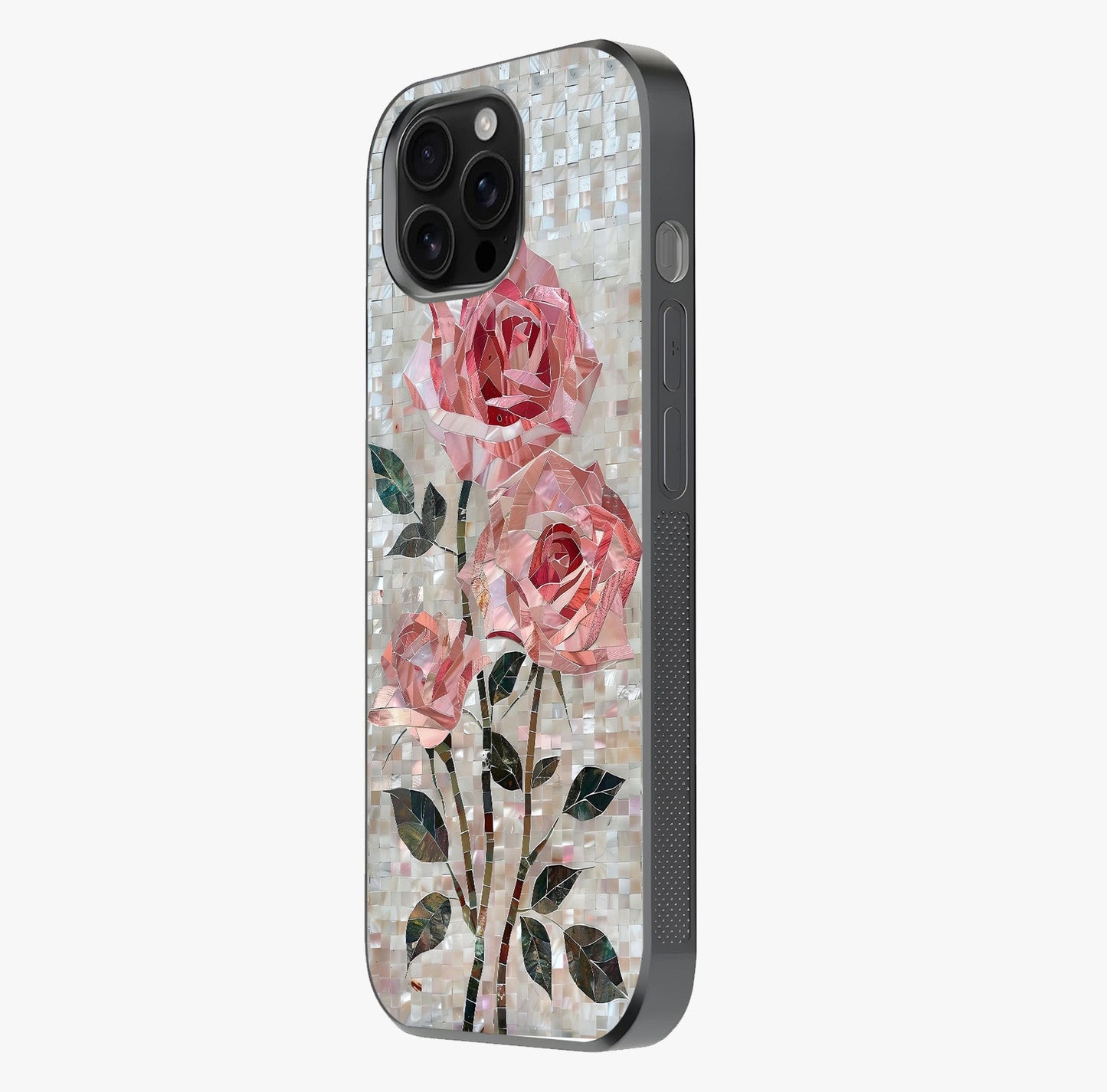 Blush Mosaic Bloom Glass Case photographed in natural light showing reflective finish and design depth.