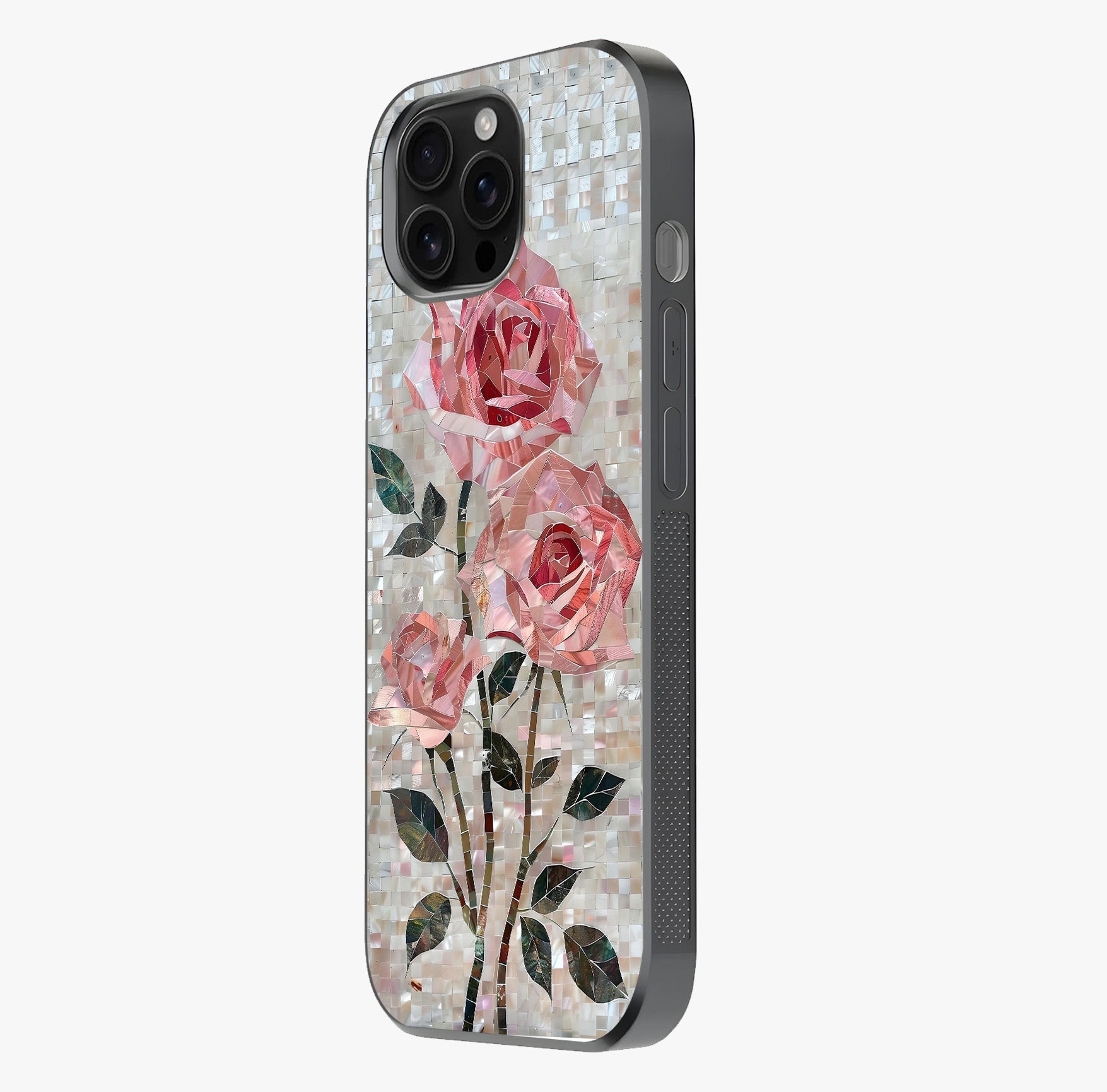 Blush Mosaic Bloom Glass Case photographed in natural light showing reflective finish and design depth.