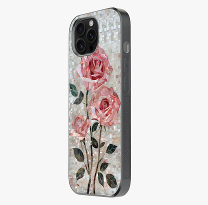 Blush Mosaic Bloom Glass Case photographed in natural light showing reflective finish and design depth.