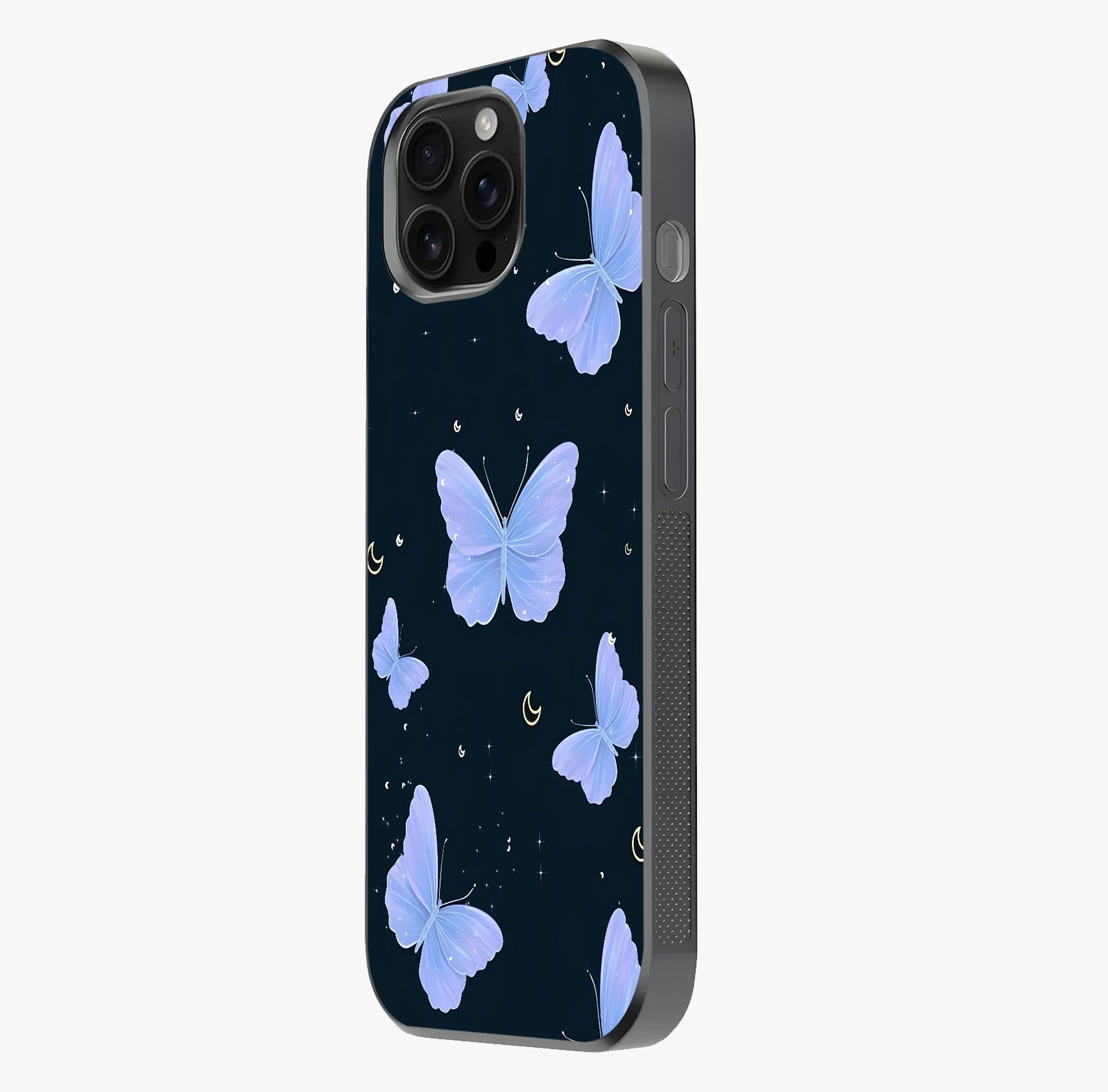 Butterfly With Stars Pattern Glass Case photographed in natural light showing reflective finish and design depth.