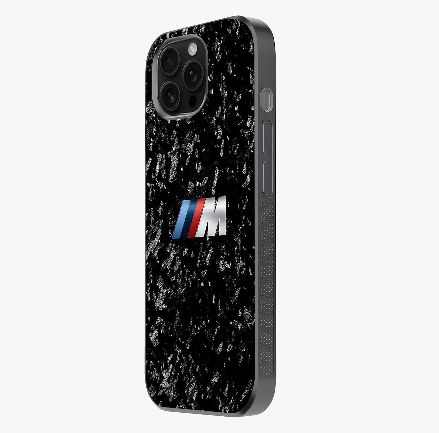Carbon Speed Mark Glass Case photographed in natural light showing reflective finish and design depth.