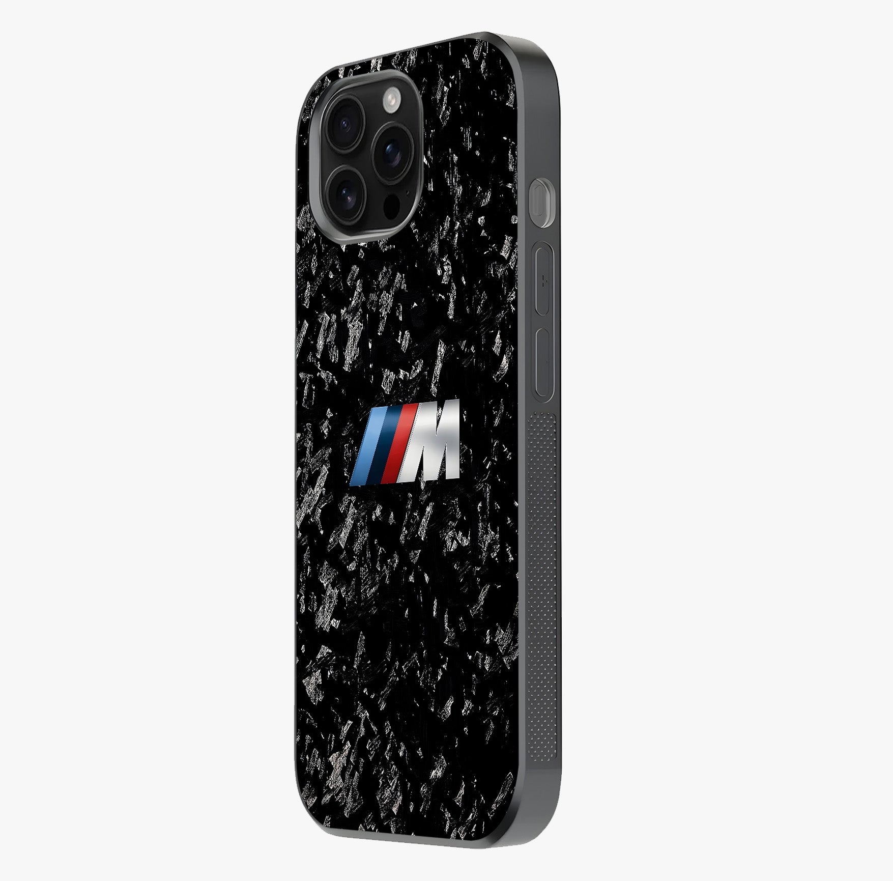 Carbon Speed Mark Glass Case photographed in natural light showing reflective finish and design depth.