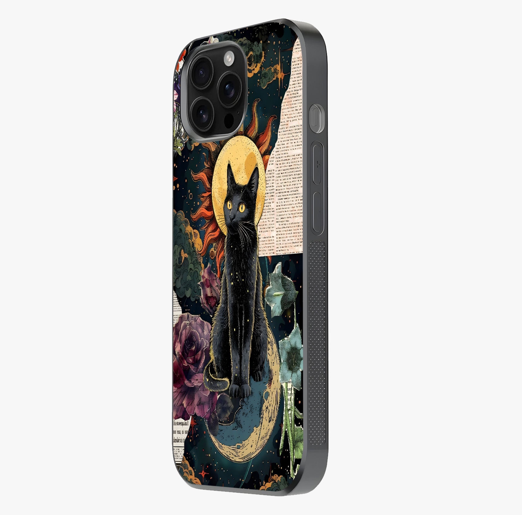 Celestial Black Cat Glass Case photographed in natural light showing reflective finish and design depth.
