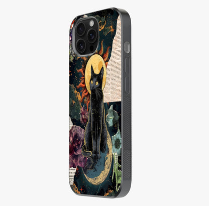 Celestial Black Cat Glass Case photographed in natural light showing reflective finish and design depth.