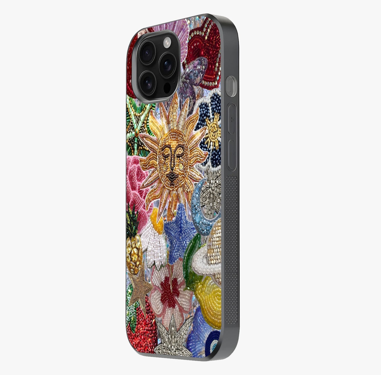 Celestial Floral And Playful Glass Case photographed in natural light showing reflective finish and design depth.