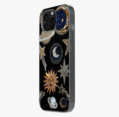 Celestial Gem Constellations Glass Case photographed in natural light showing reflective finish and design depth.
