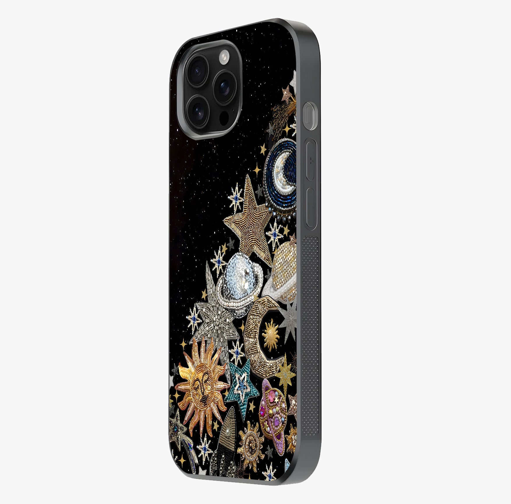 Cosmic Sparkle Dreams Glass Case photographed in natural light showing reflective finish and design depth.