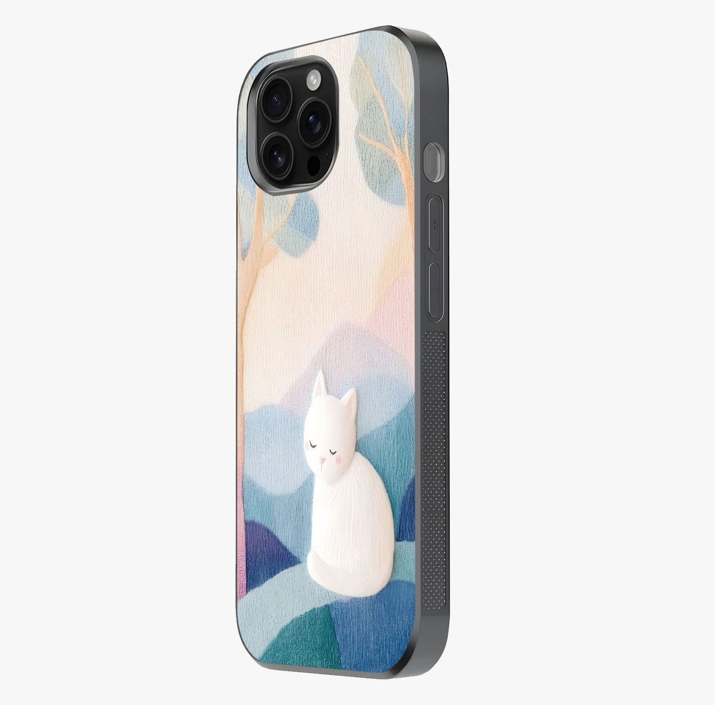 Cotton Dream Cat Glass Case photographed in natural light showing reflective finish and design depth.