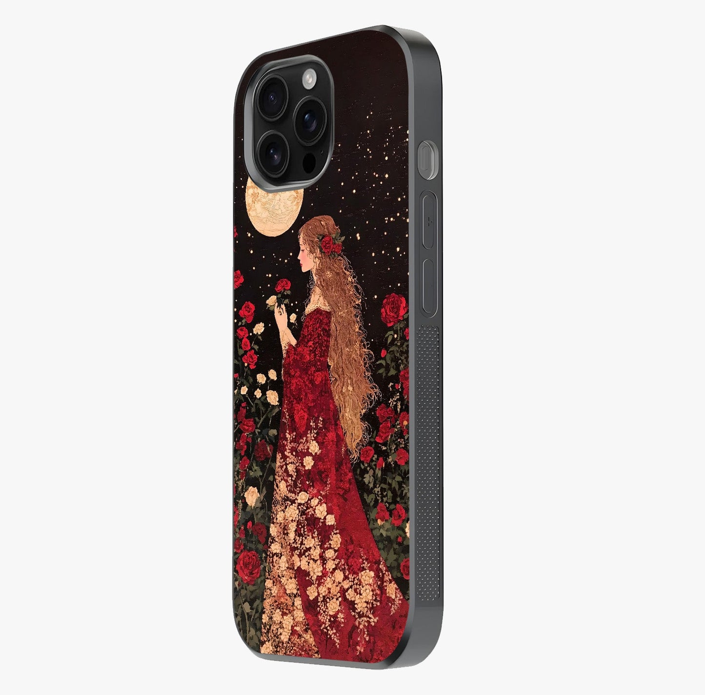 Crimson Dreams Glass Case photographed in natural light showing reflective finish and design depth.