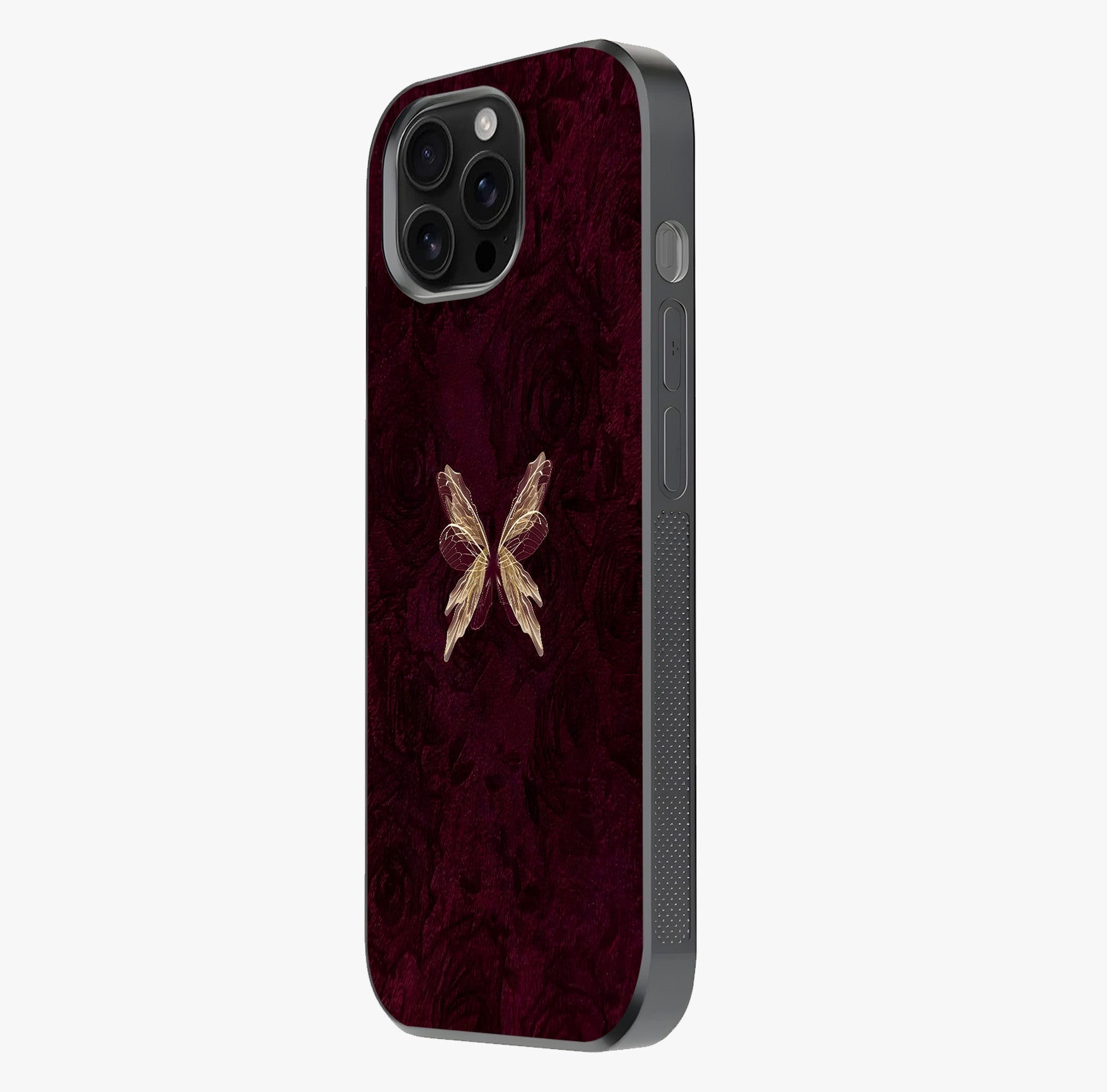 Crimson Fade Butterfly Glass Case photographed in natural light showing reflective finish and design depth.