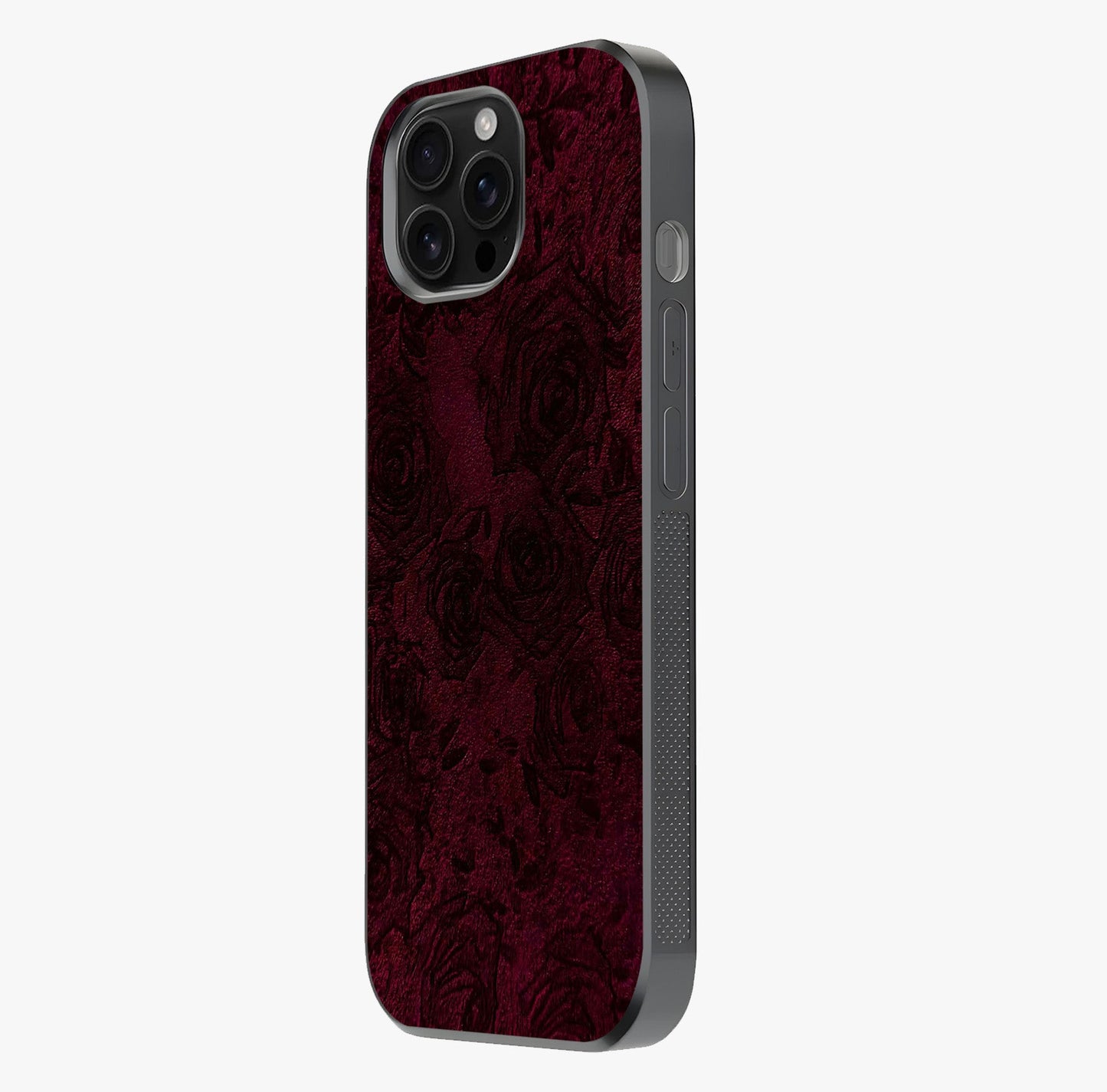 Crimson Fade Flow Glass Case photographed in natural light showing reflective finish and design depth.