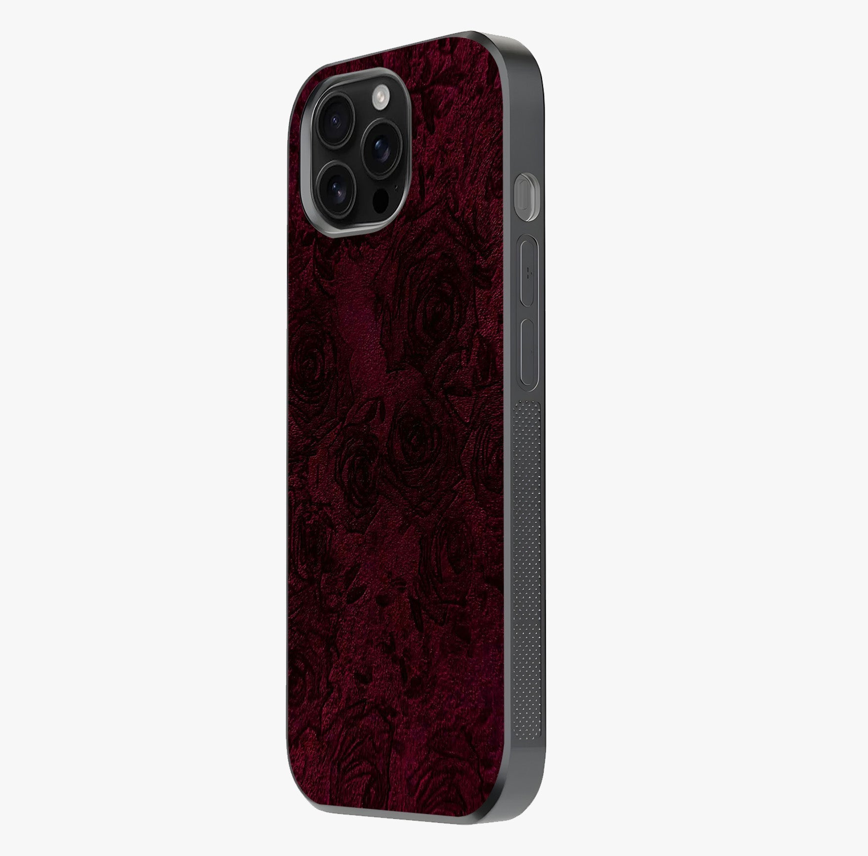 Crimson Fade Flow Glass Case photographed in natural light showing reflective finish and design depth.