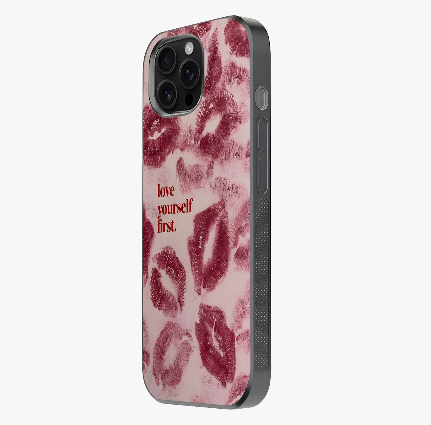 Crimson Kiss Love Glass Case photographed in natural light showing reflective finish and design depth.