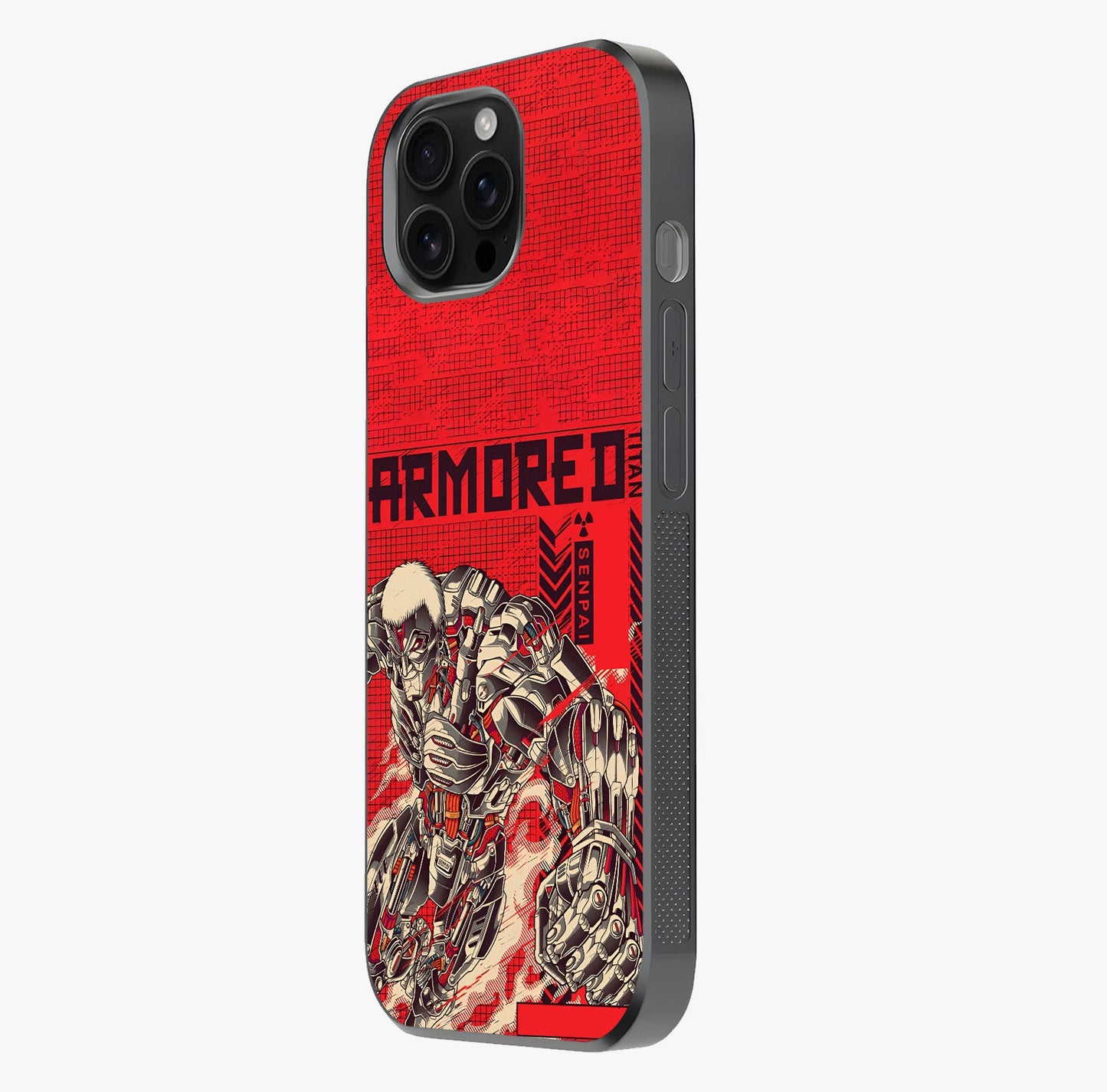 Crimson Mecha Titan Glass Case photographed in natural light showing reflective finish and design depth.