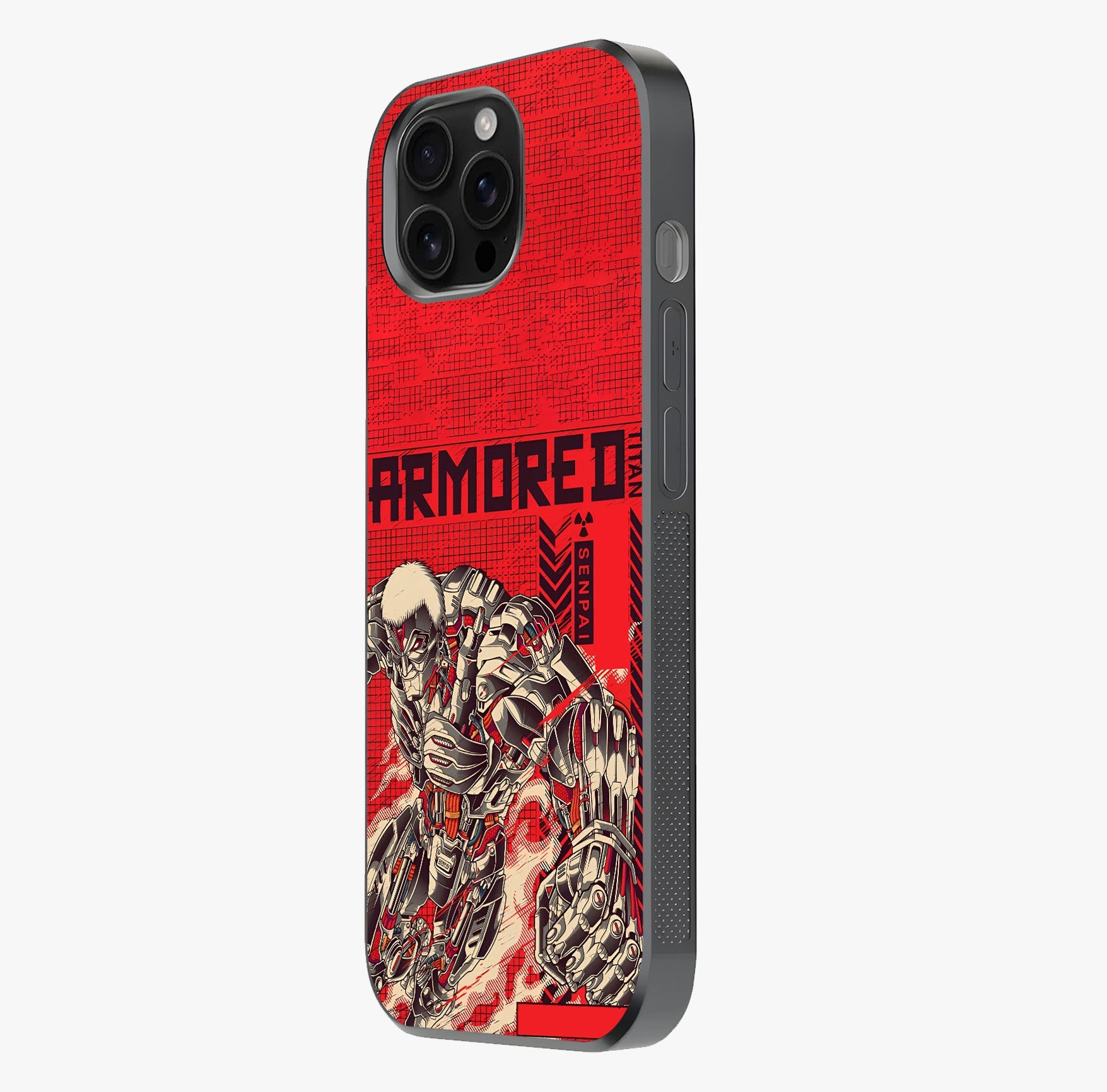Crimson Mecha Titan Glass Case photographed in natural light showing reflective finish and design depth.