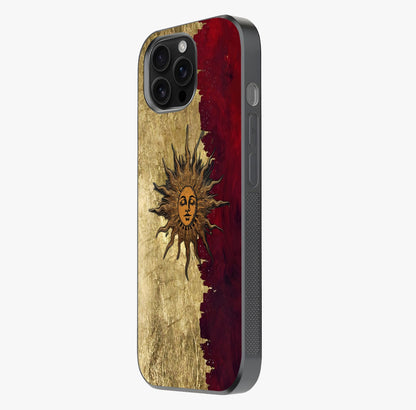 Crimson Sun Majesty Glass Case photographed in natural light showing reflective finish and design depth.