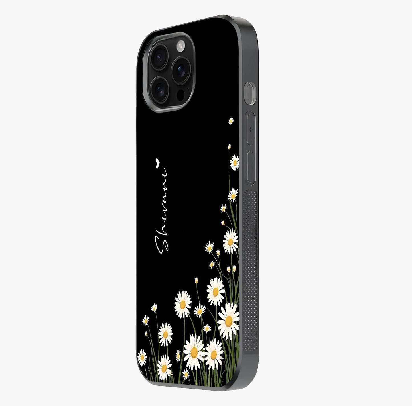 Daisy Cascade Custom Name Glass Case photographed in natural light showing reflective finish and design depth.